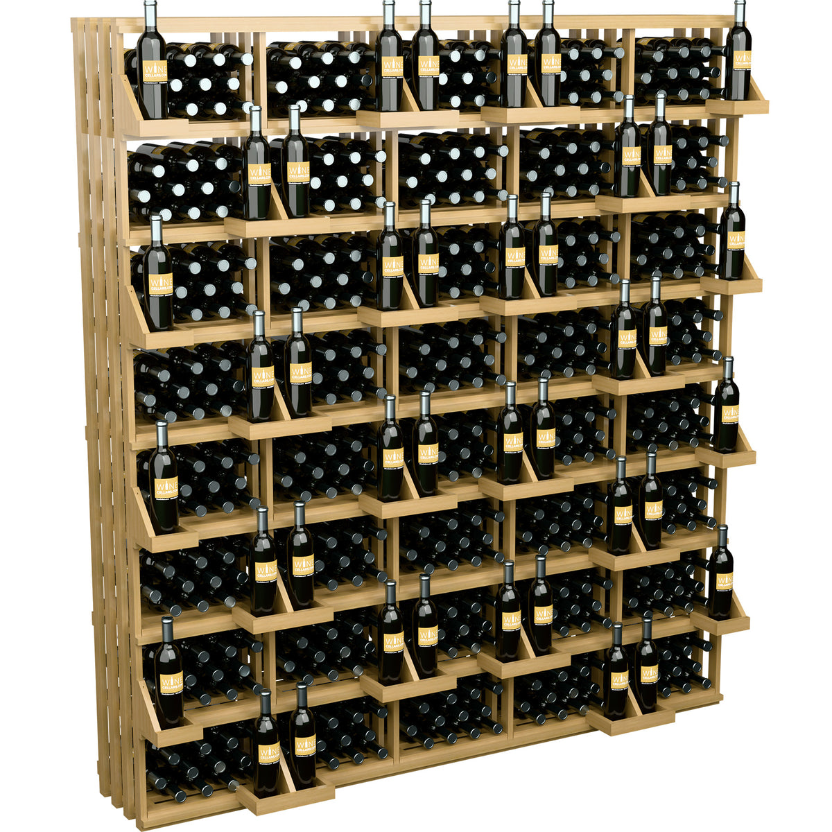 Light wood wine bottle wall display with stacked rows of bottles in cradles