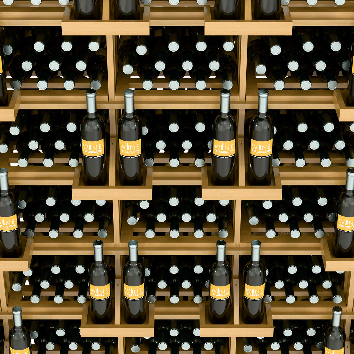 Wood wine bottle display with grid of round bottle holders and bulk bin shelves