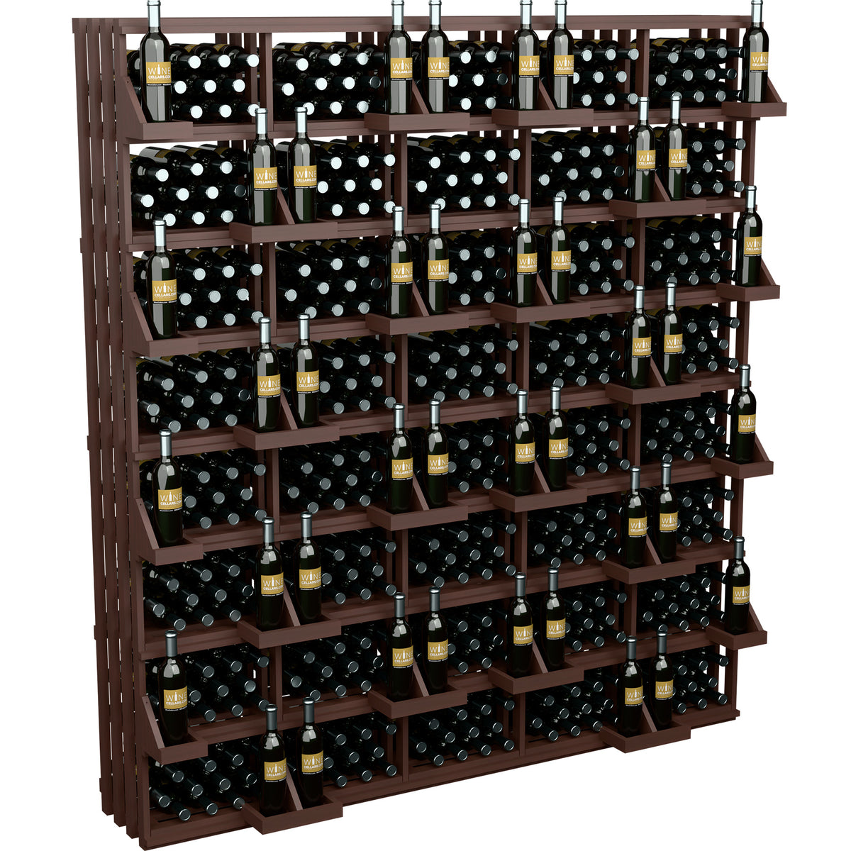 Wine bottle wall display with bulk bins, espresso-toned wood shelves filled with bottles