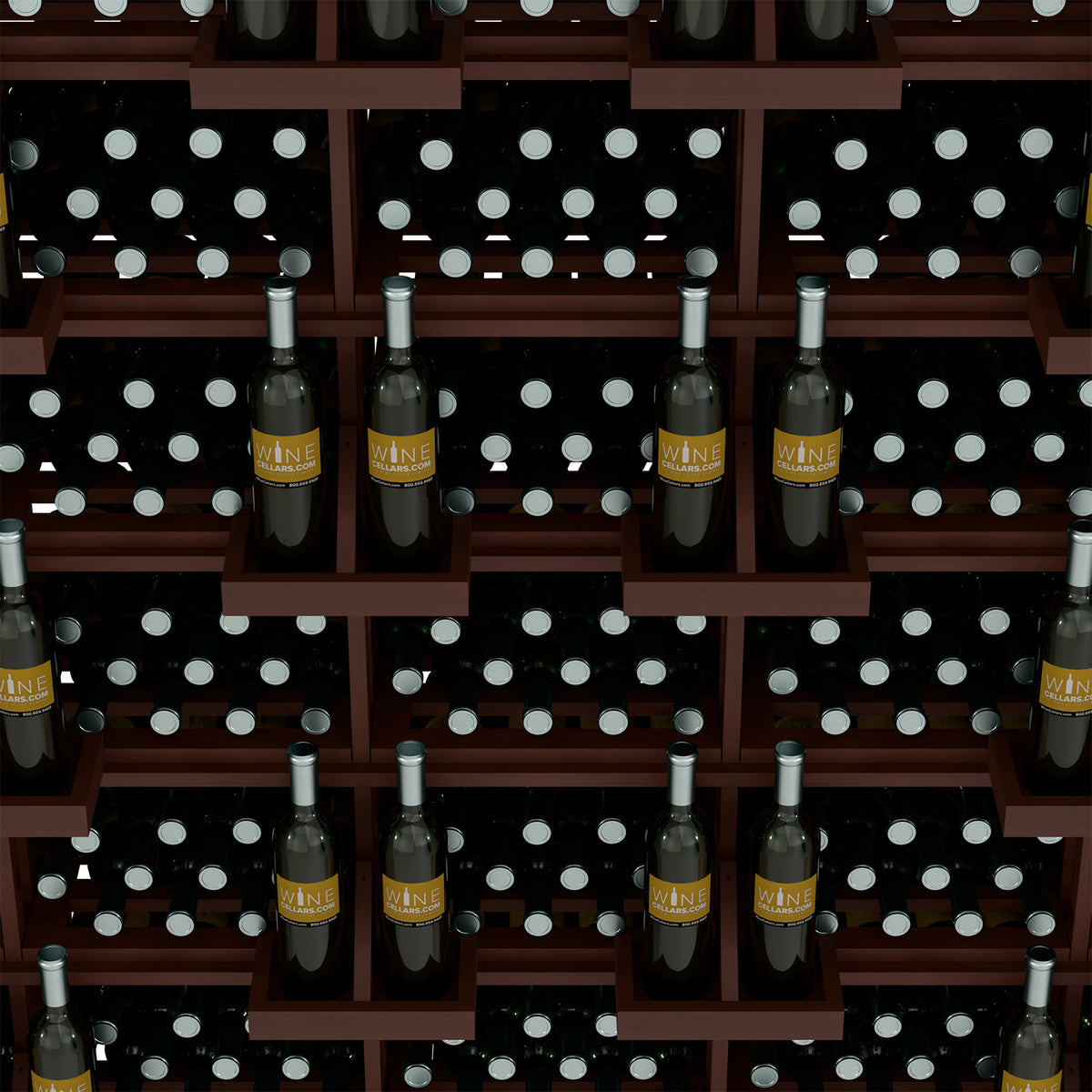 Wine bottle wall display rack with bulk bins, dark wood bottle slots with filled bottles.