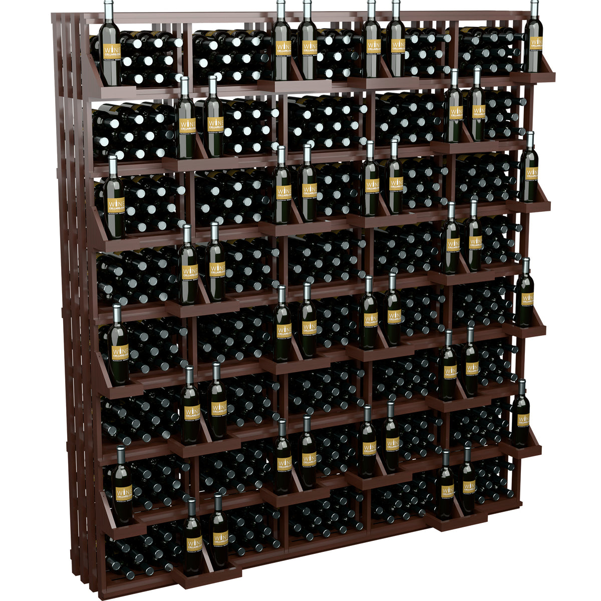 Dark wood wine rack wall display with multiple rows of bottle compartments