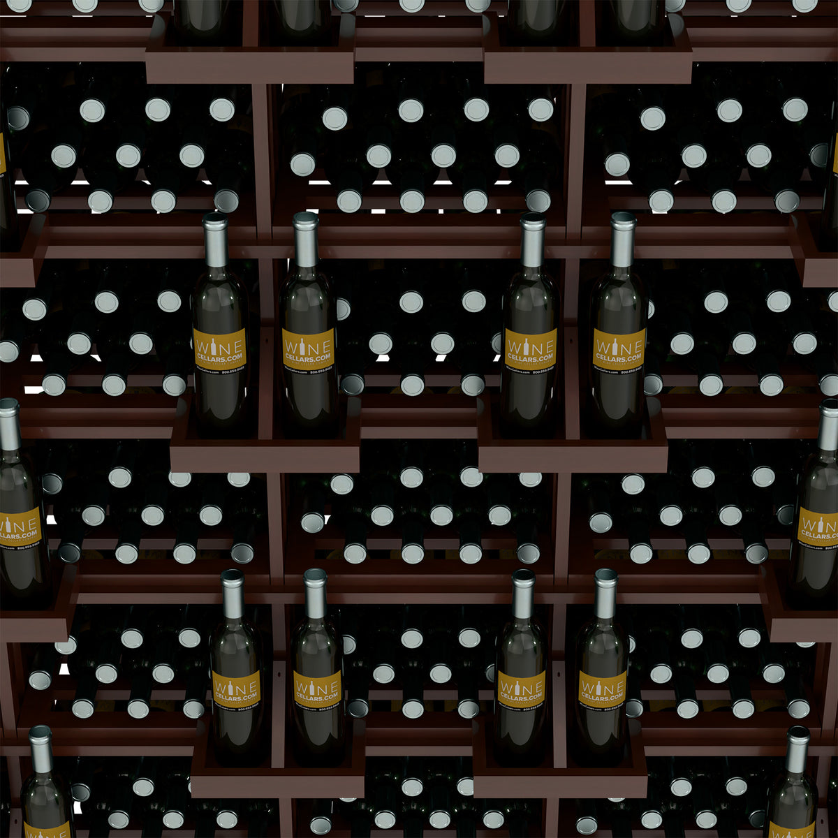 Close-up of light wood wine bottle display rack with black bottles in cubbies