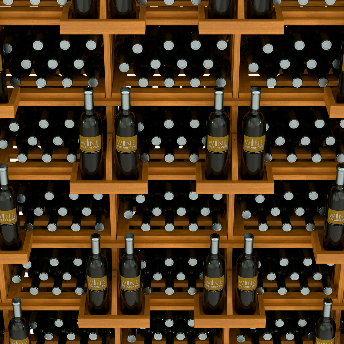 Close-up of light wood shelves holding wine bottles in black, dotted bin inserts
