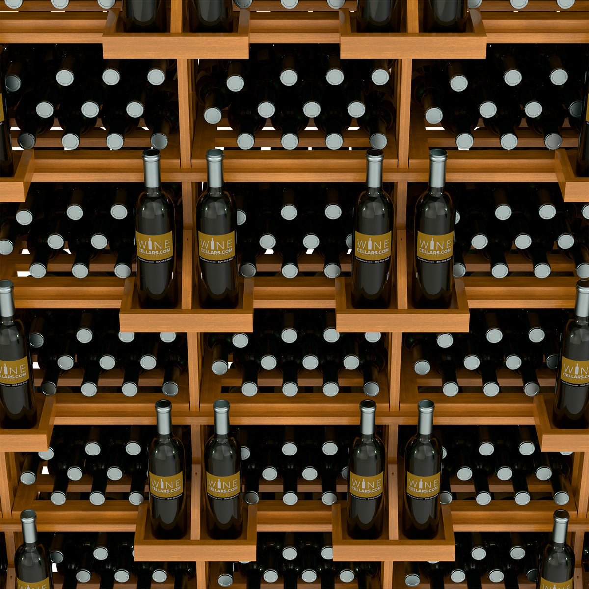 Close-up of light wood wine bottle display rack with black bottles and round holders