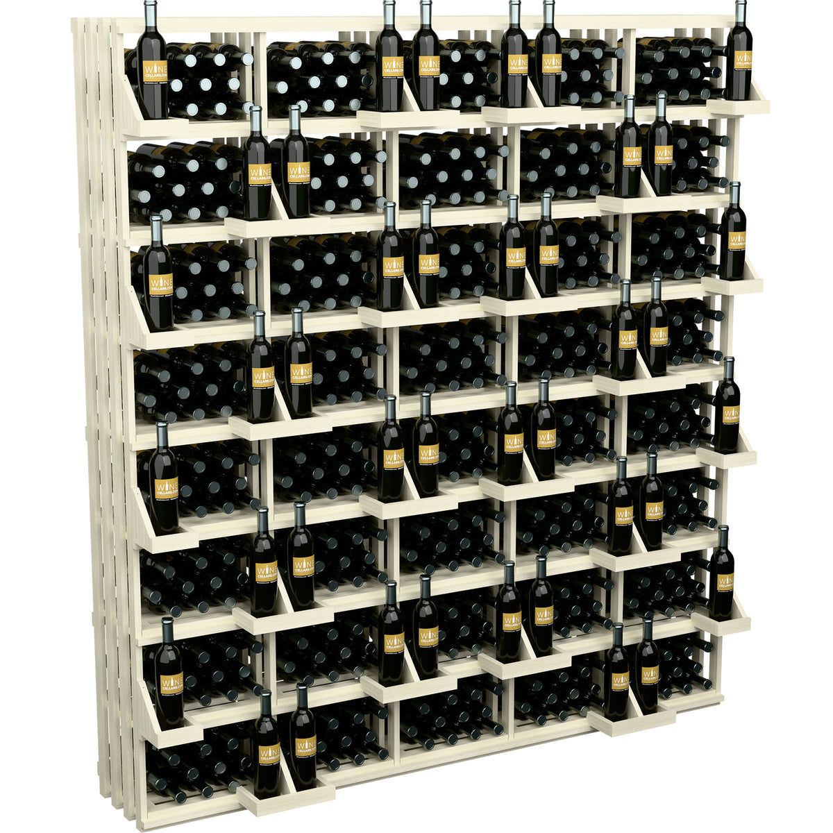 Wine bottle wall display with bulk bins, white wood shelves holding wine bottles