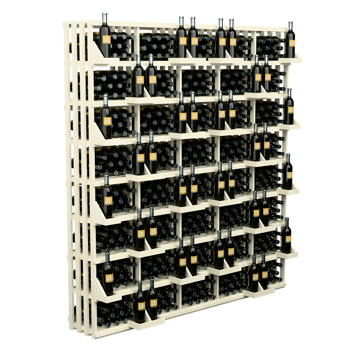 White wood wine bottle display rack with open grid cubbies and rows of bottles