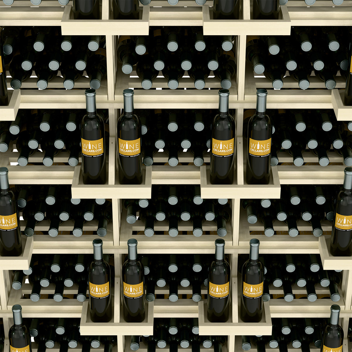 Wine bottle display with bulk bins, close view of white shelves and dark bottles