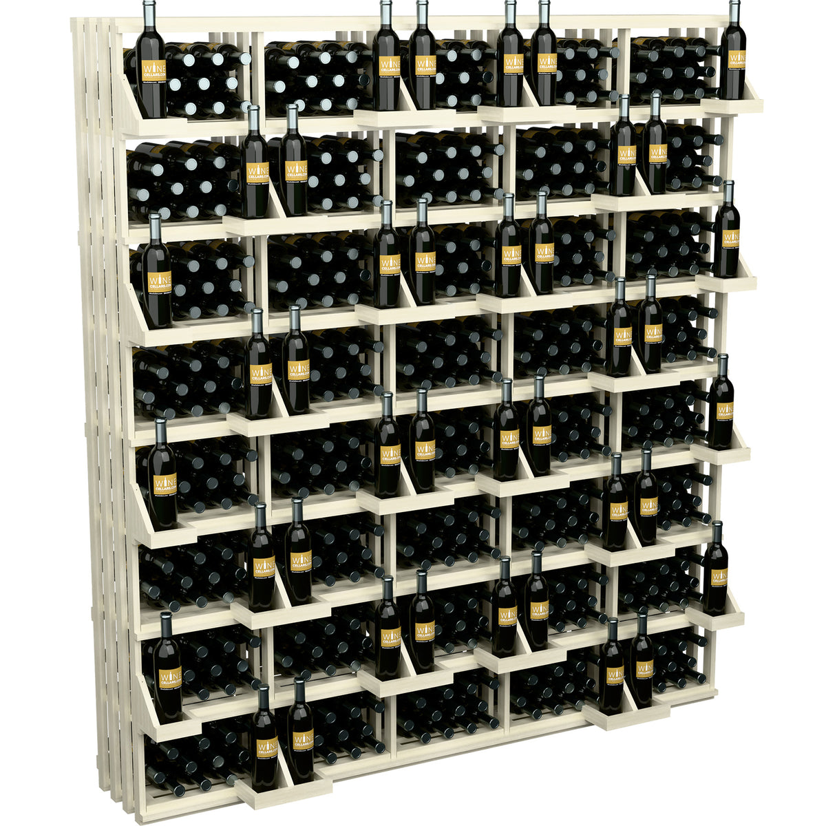 White wine rack wall display with stacked bottle cubbies and bulk bin shelves