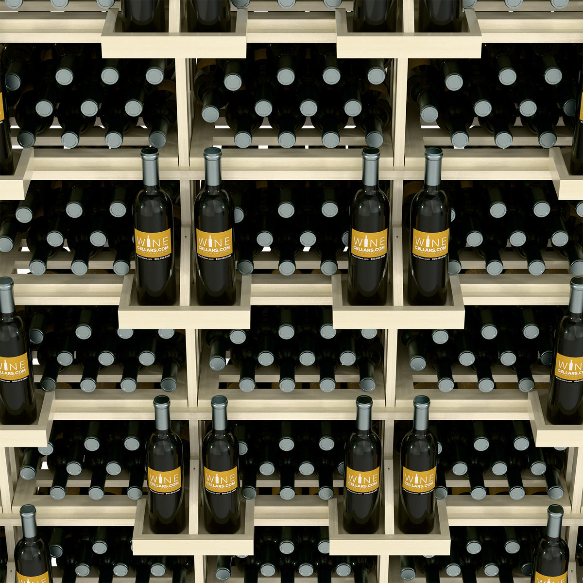 Close-up of light wood wine bottle display rack with black bottles in organized rows