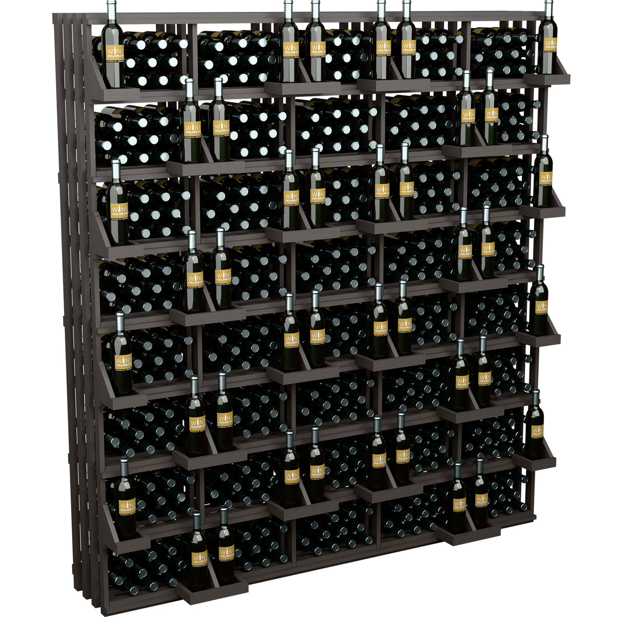 Commercial wine bottle wall display with dark bulk bins and multiple bottles