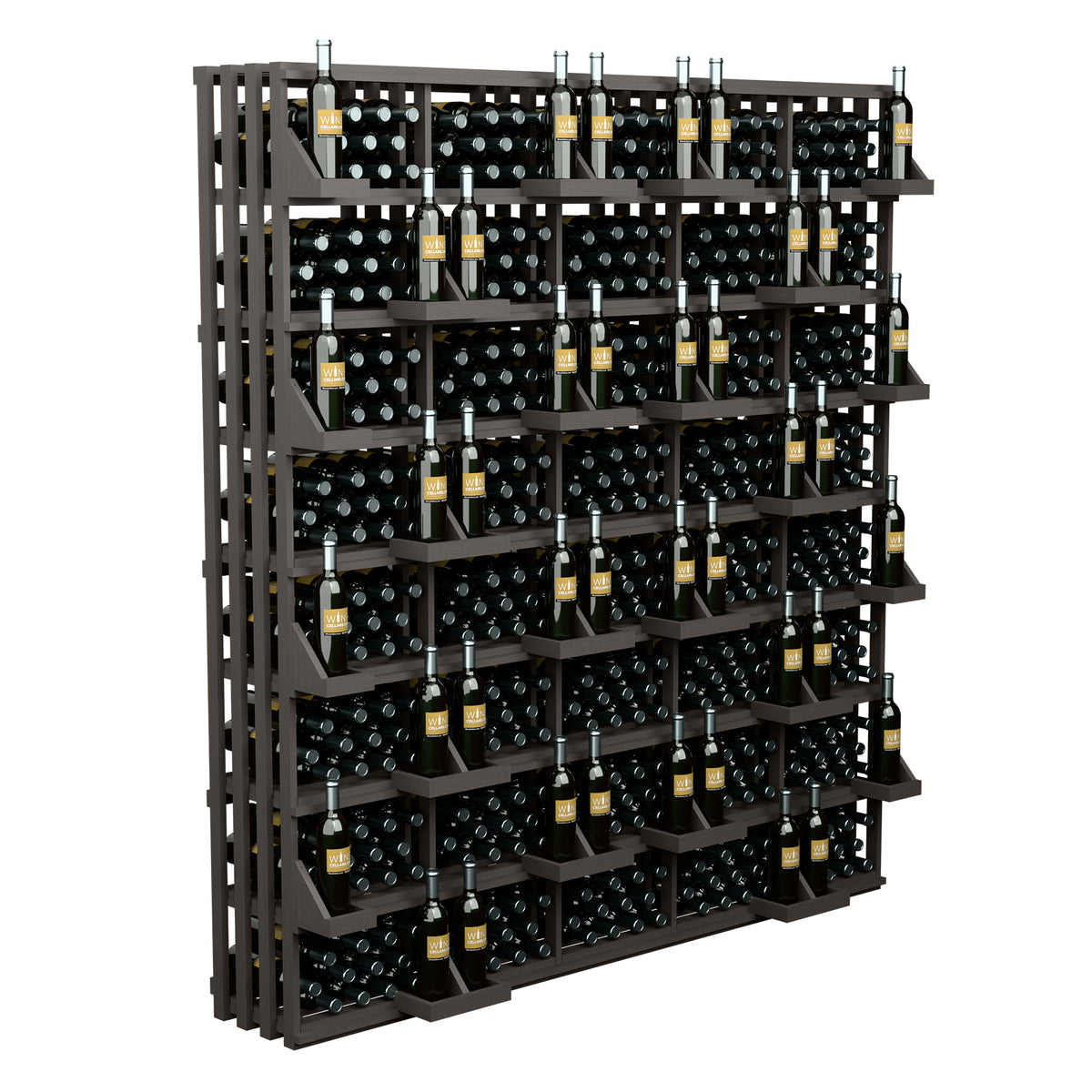 Black wood wine bottle display rack with open grid cubbies and bottle rows