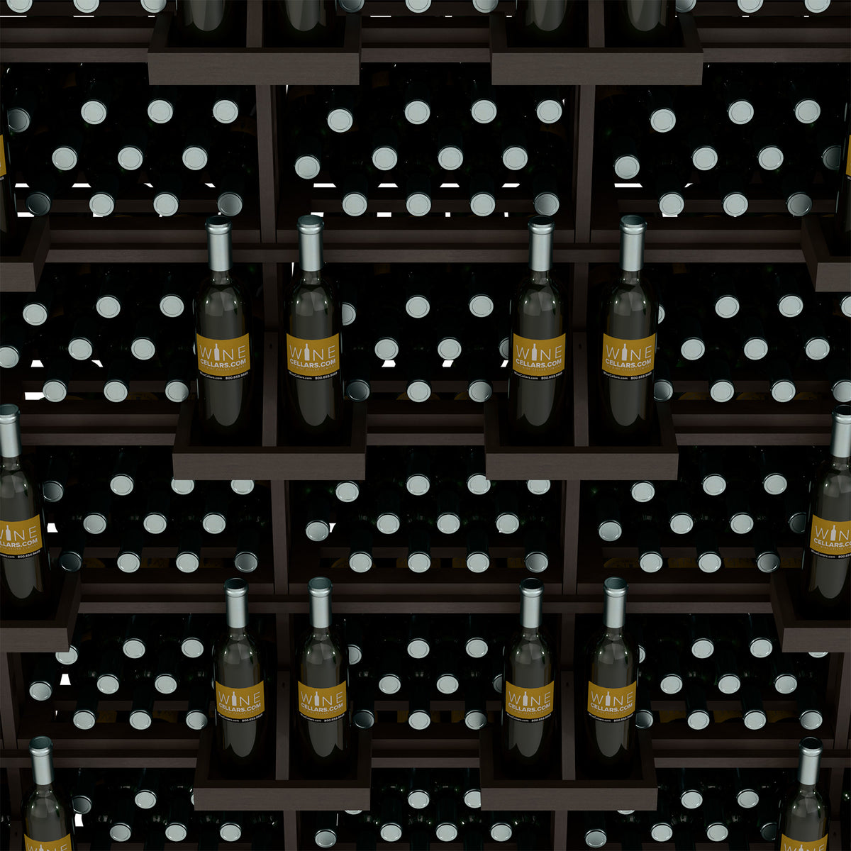 Wine bottle wall display rack with bulk bins, dark wood shelving with multiple wine bottles.