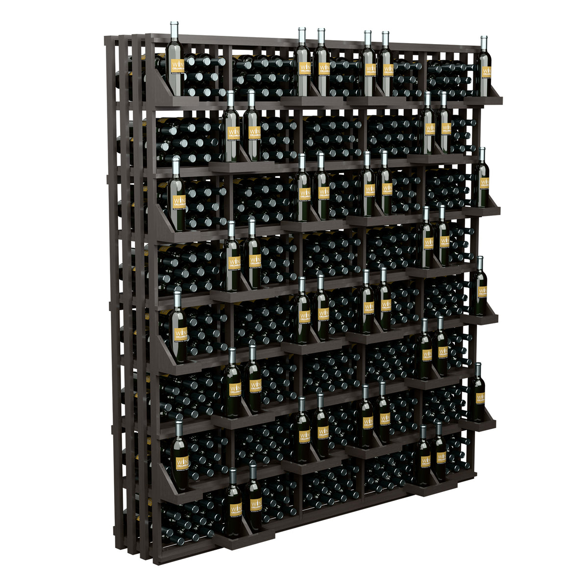 Wine bottle wall display with bulk bins, dark wood shelves holding bottles and crates