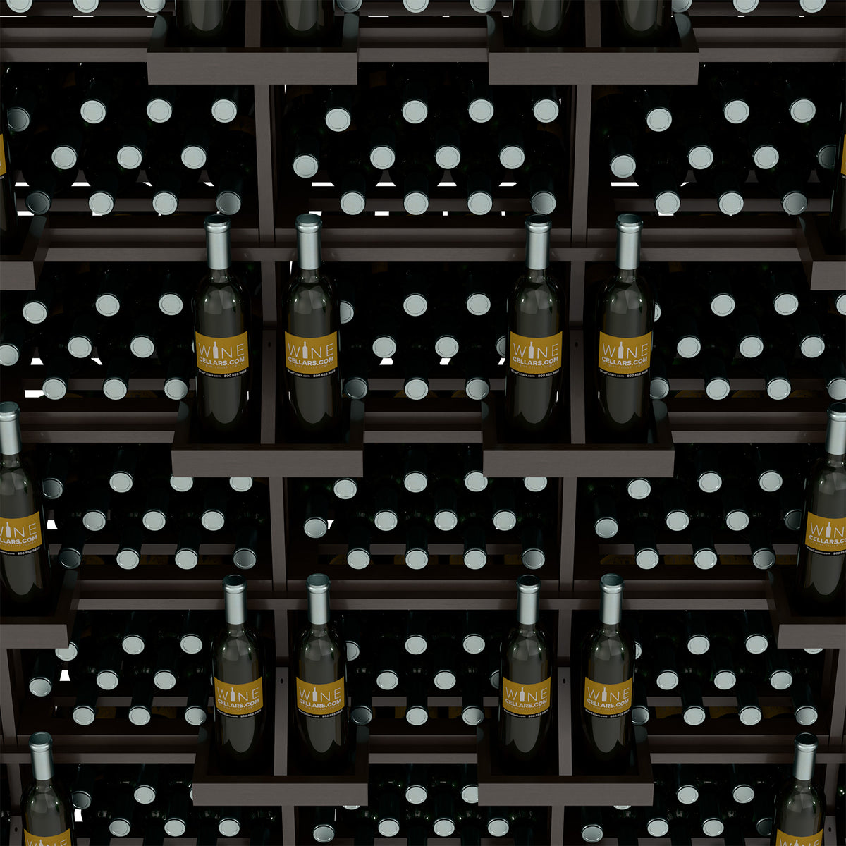 Wine bottle wall display with bulk bins, close-up of bottles in black dot backers