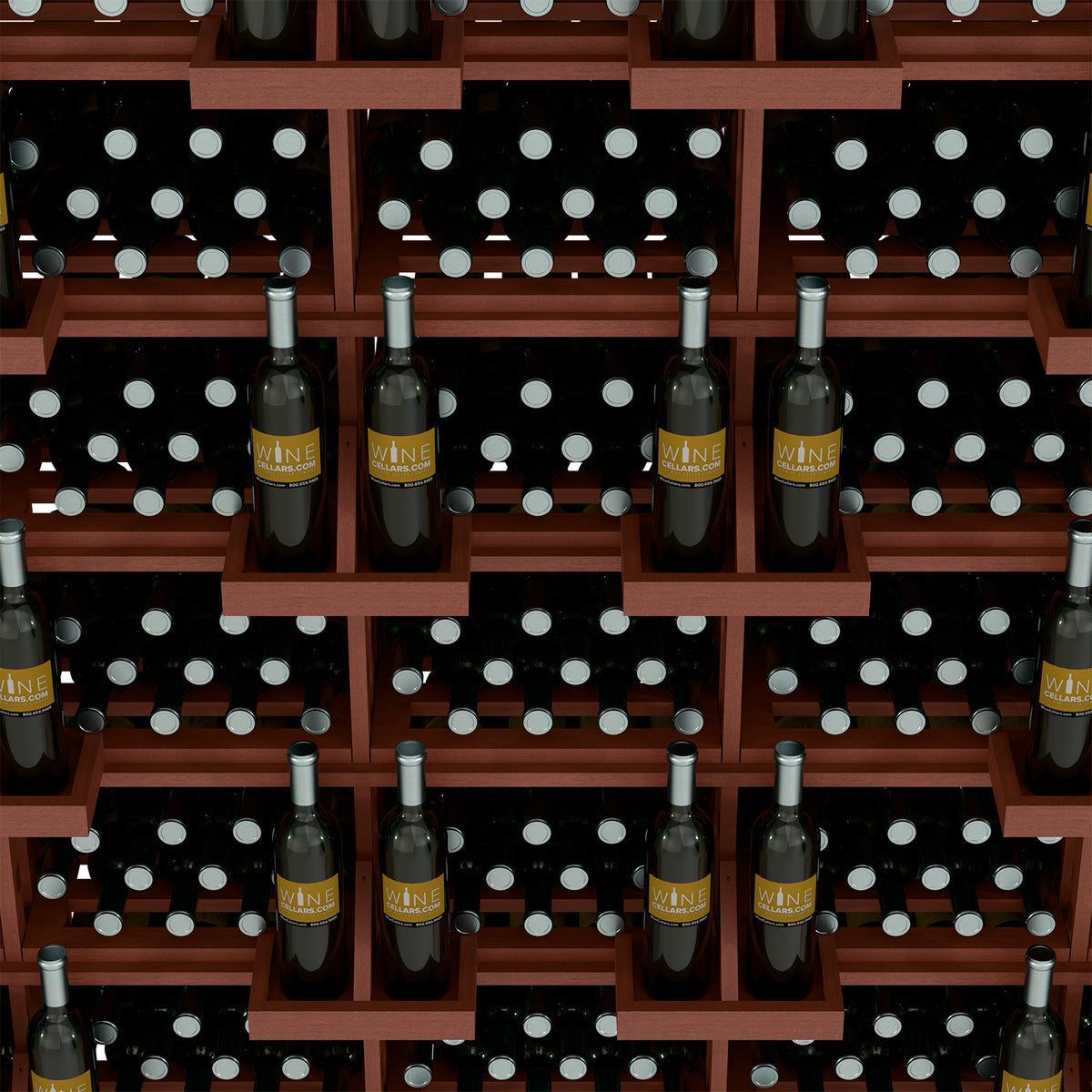 Close-up of wine bottle display shelves with angled bottle neck holders