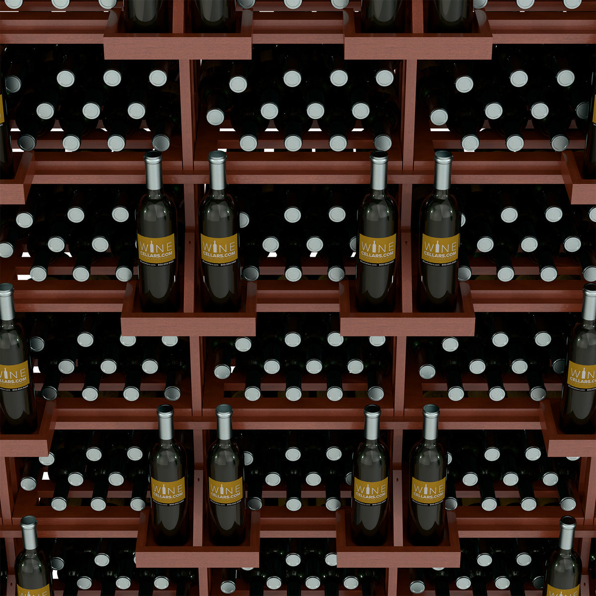 Wine bottle wall display with bulk bins, close-up of bottles in reddish wood and black dots