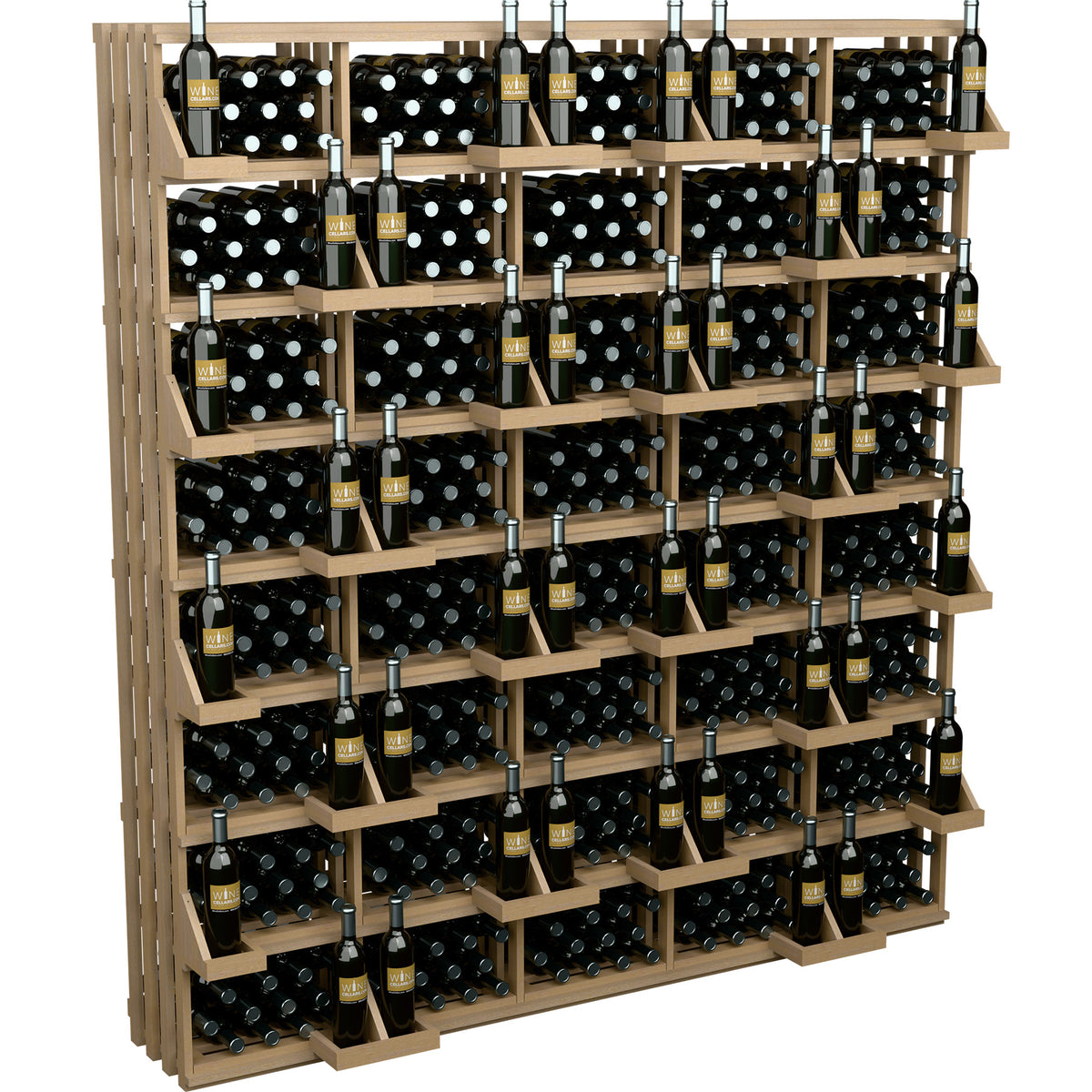 Wood wine bottle wall display rack with tiered shelves holding rows of filled bottles