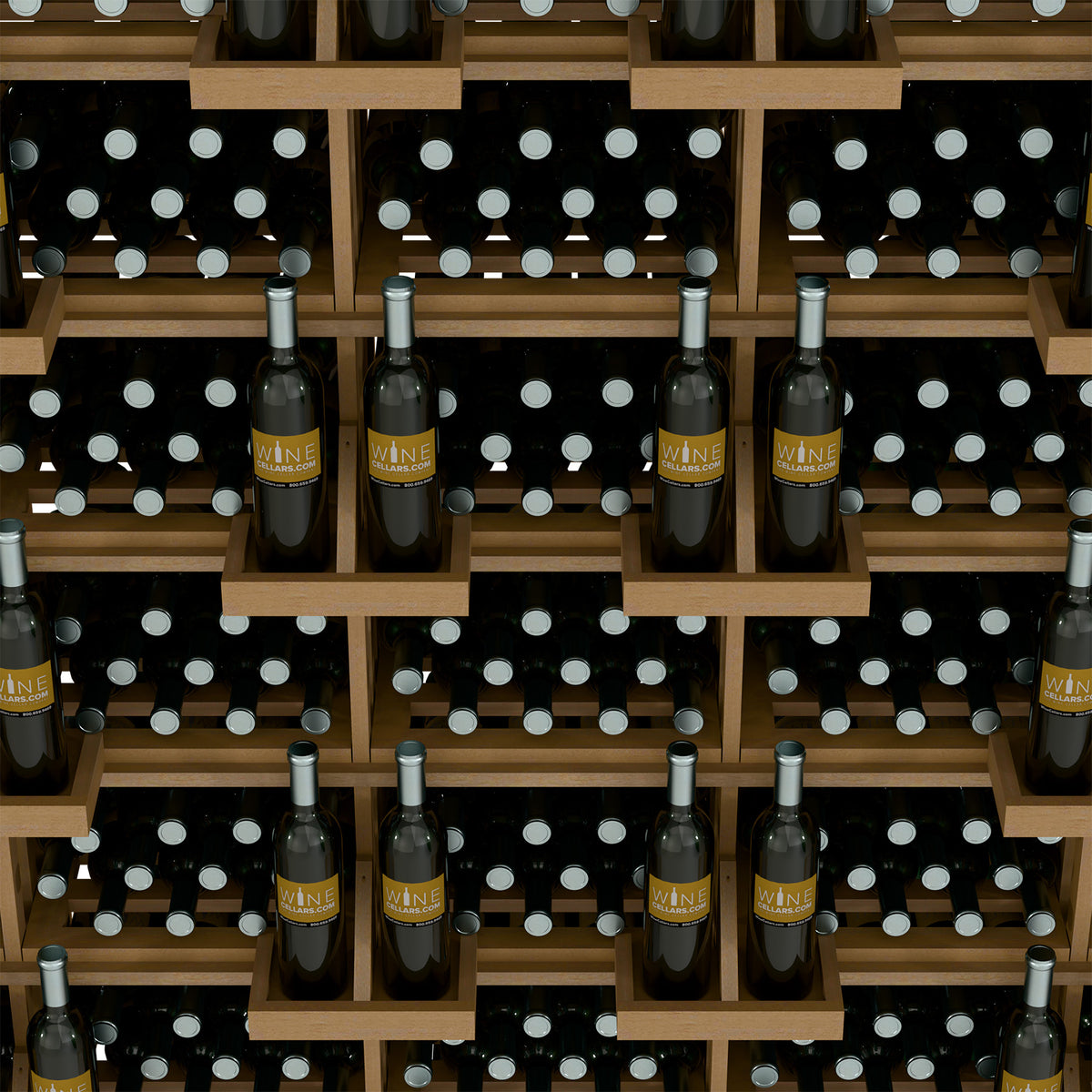 Wine bottle storage bins with light wood backer and dark bottles in rows