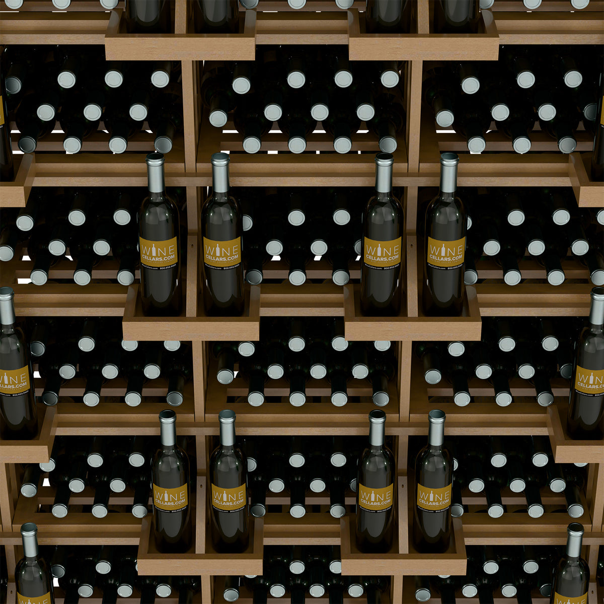 Wine bottle wall display with bulk bins, close-up of bottles in light wood black dot backers