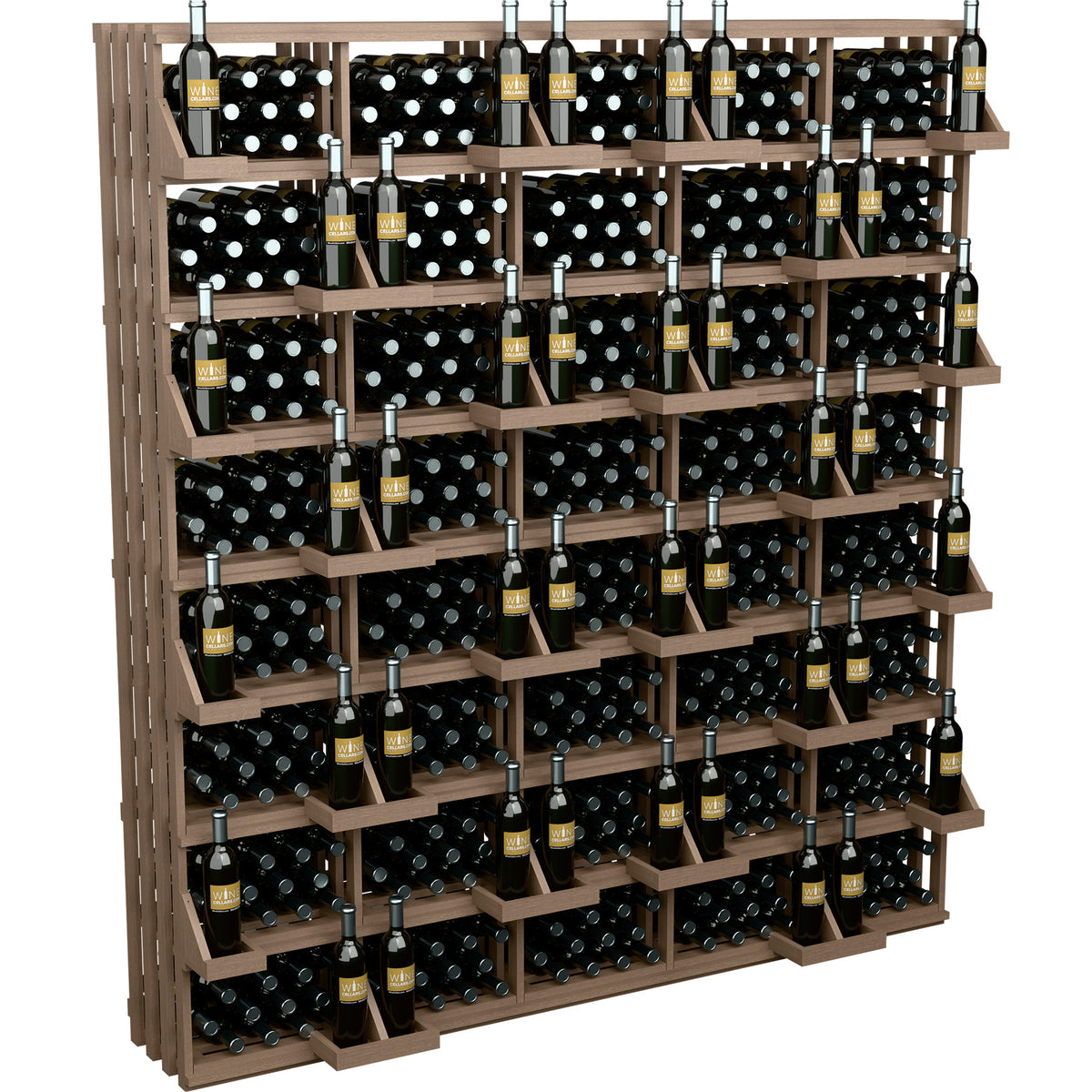Wine bottle wall display with wood frame, rows of bottle holders and black bulk bins
