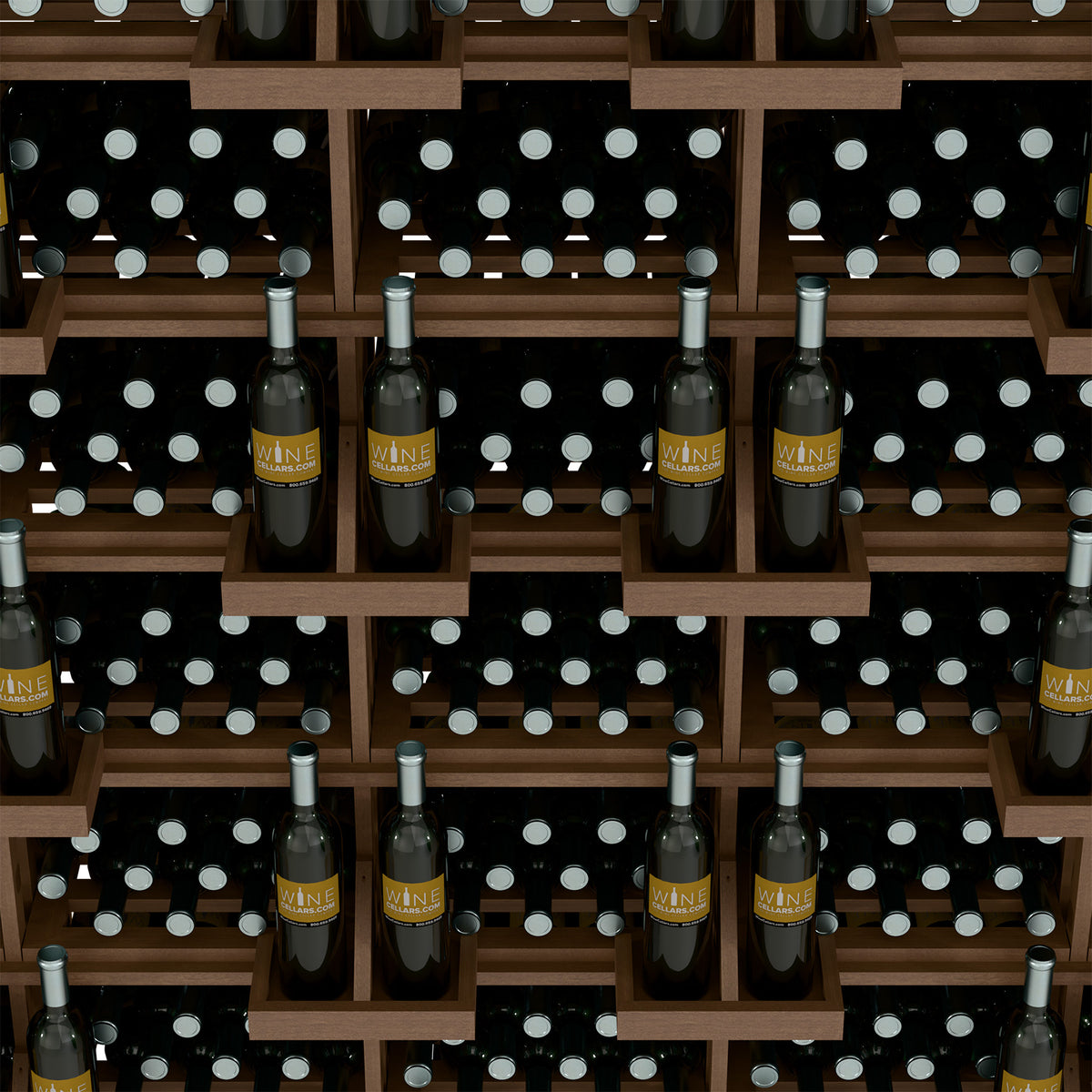 Front view of wood wine bottle display with multiple rows and bottle neck slots