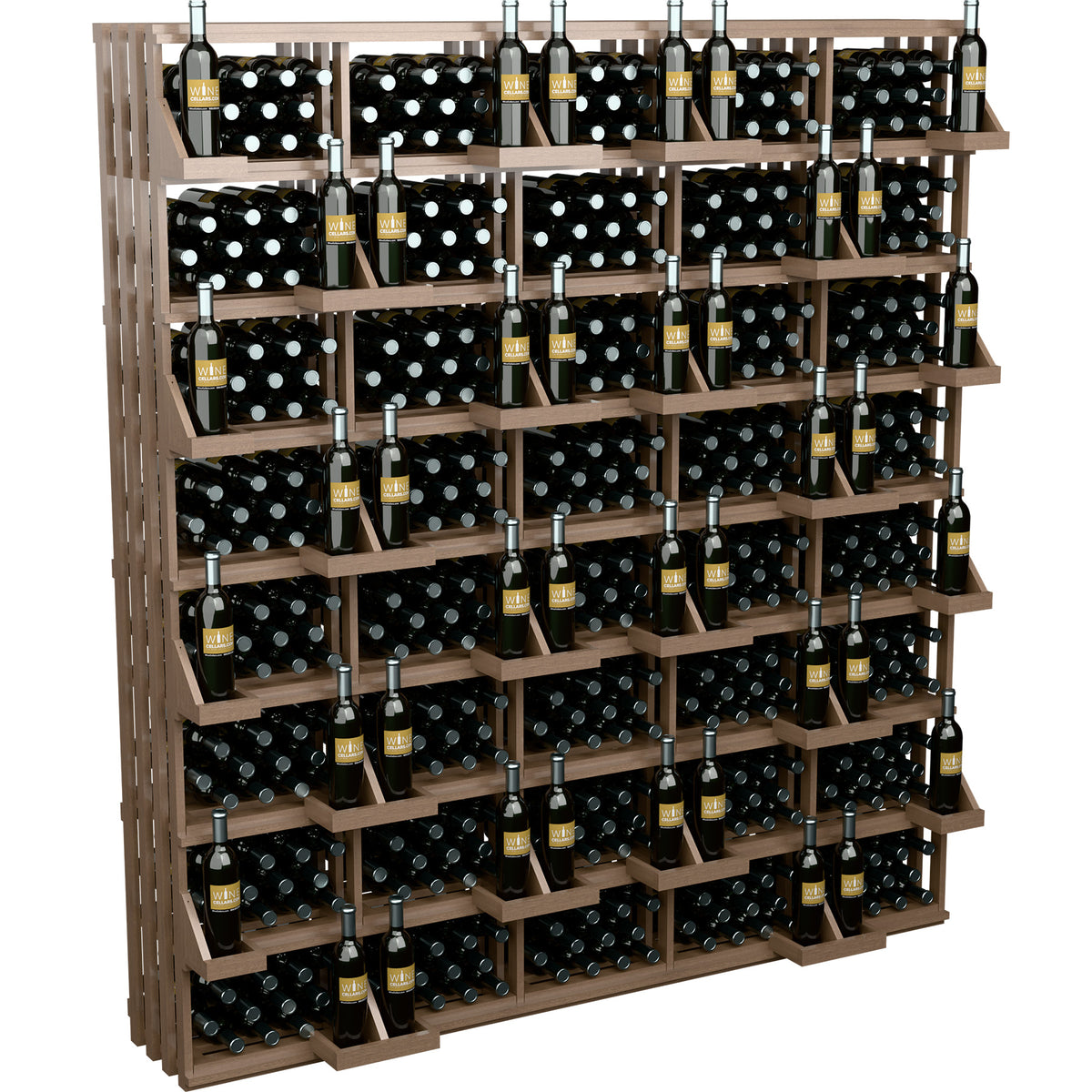 Wine bottle wall display with bulk bins, light wood frame, bottles in black dot crates
