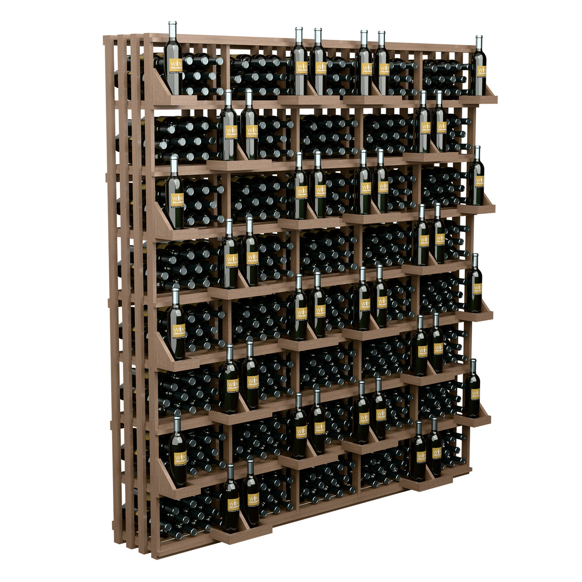 Wall-mounted wine bottle display with dark wooden racks and many bottle slots