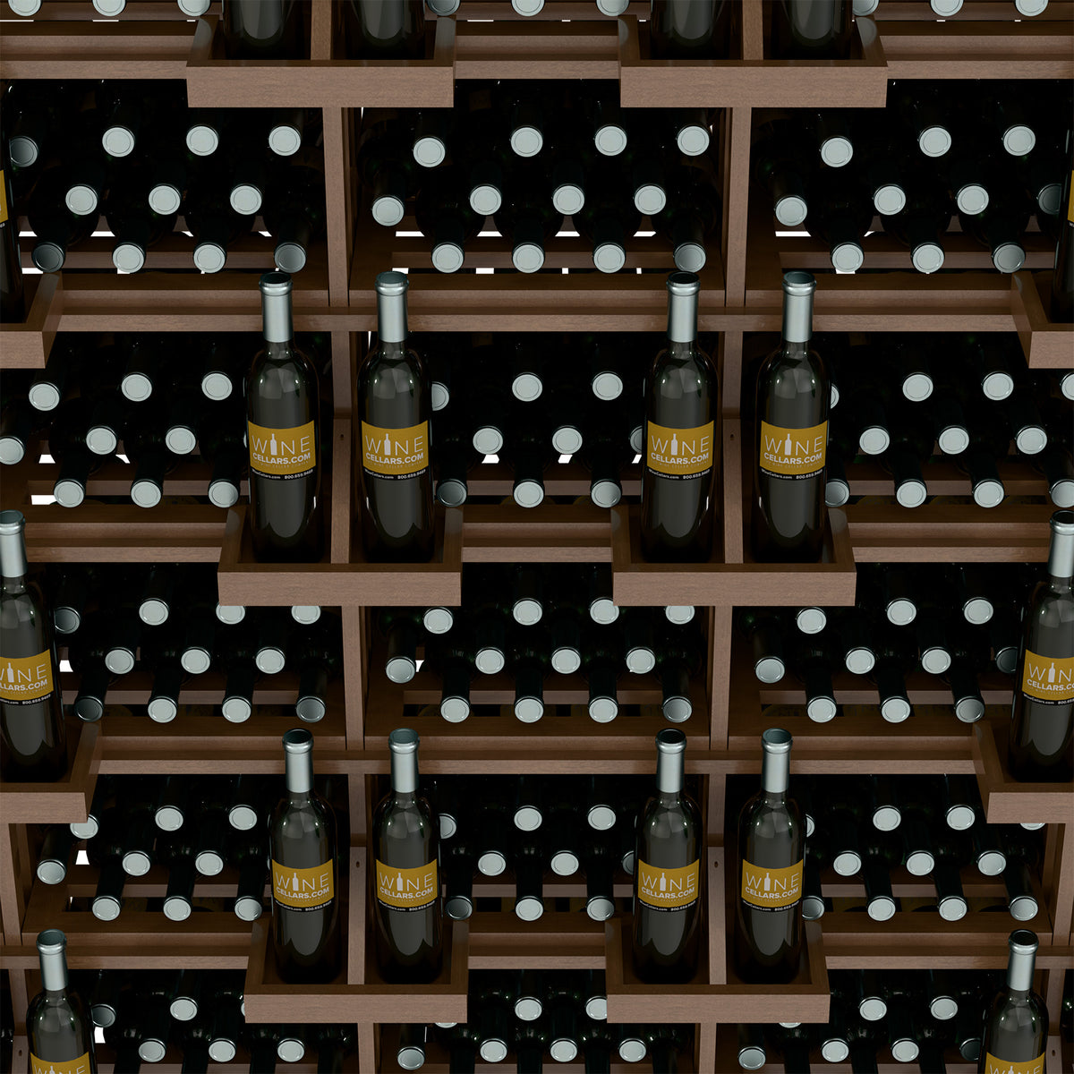 Close-up of wine bottle display with dark wooden grid and bottle rows
