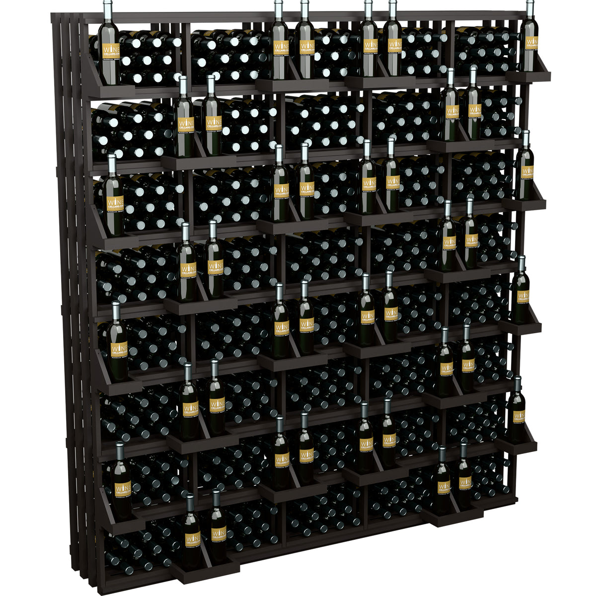 Commercial wine bottle wall display with dark bulk bins and stacked bottles on shelves