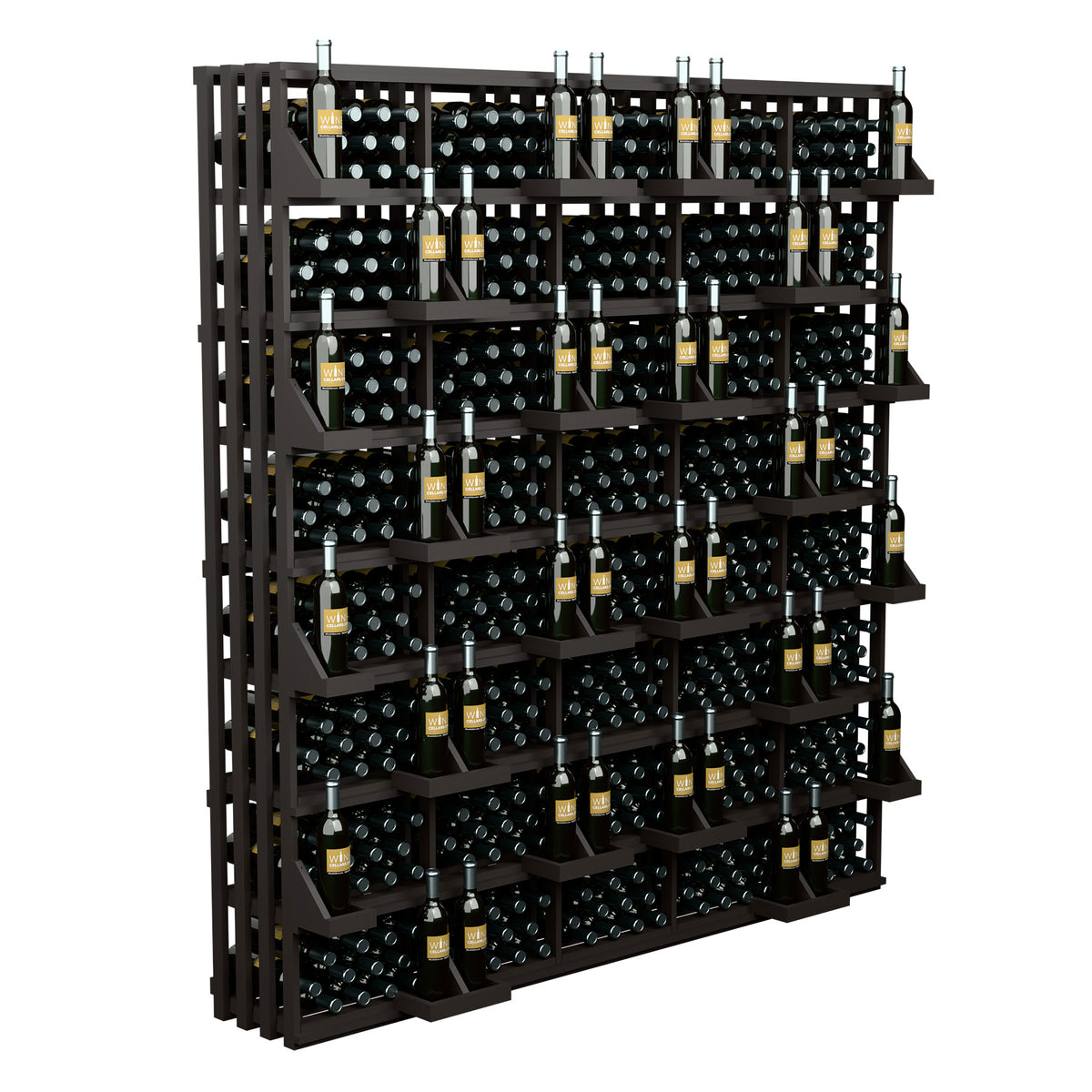 Commercial wine bottle display rack with bulk bins, tall dark wood shelving for bottles.