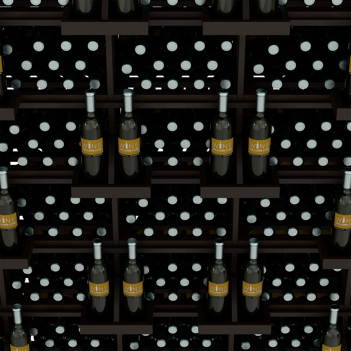 Wine bottle wall display rack with bulk bins, dark wood grid stocked with bottles.