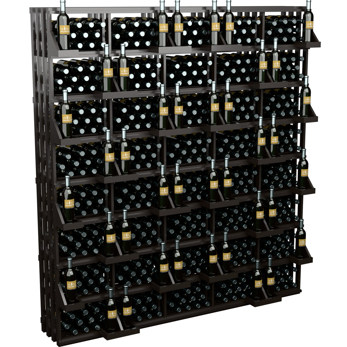 Wall wine bottle display featuring black racks with upright bottles in grid shelves