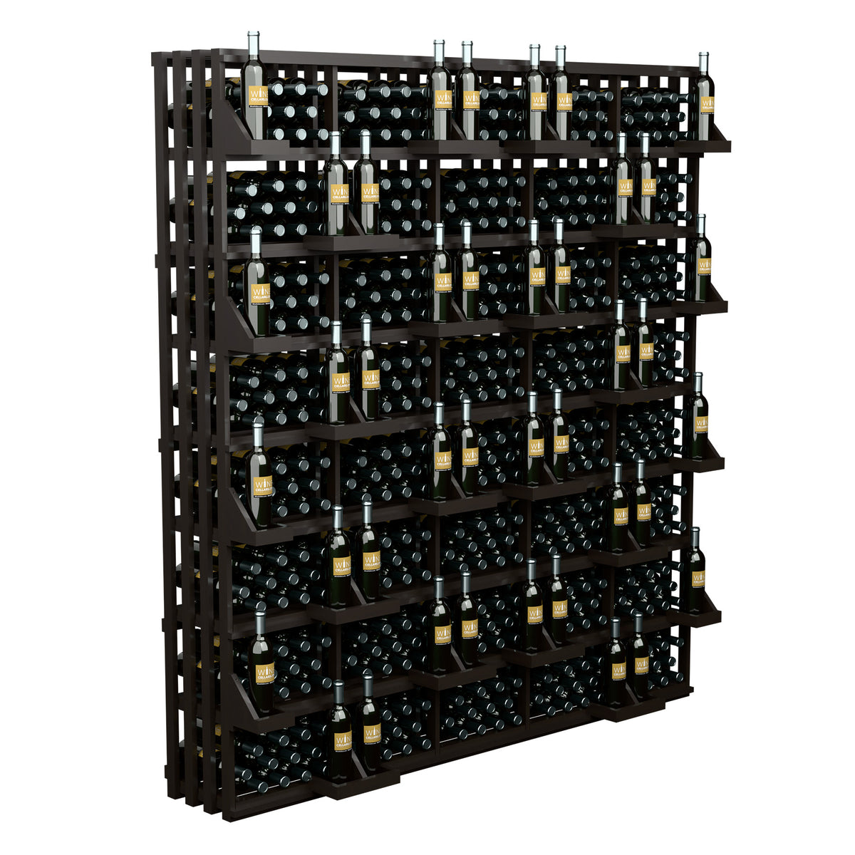 Wall-mounted wine bottle holder with dark wooden shelves holding bottles