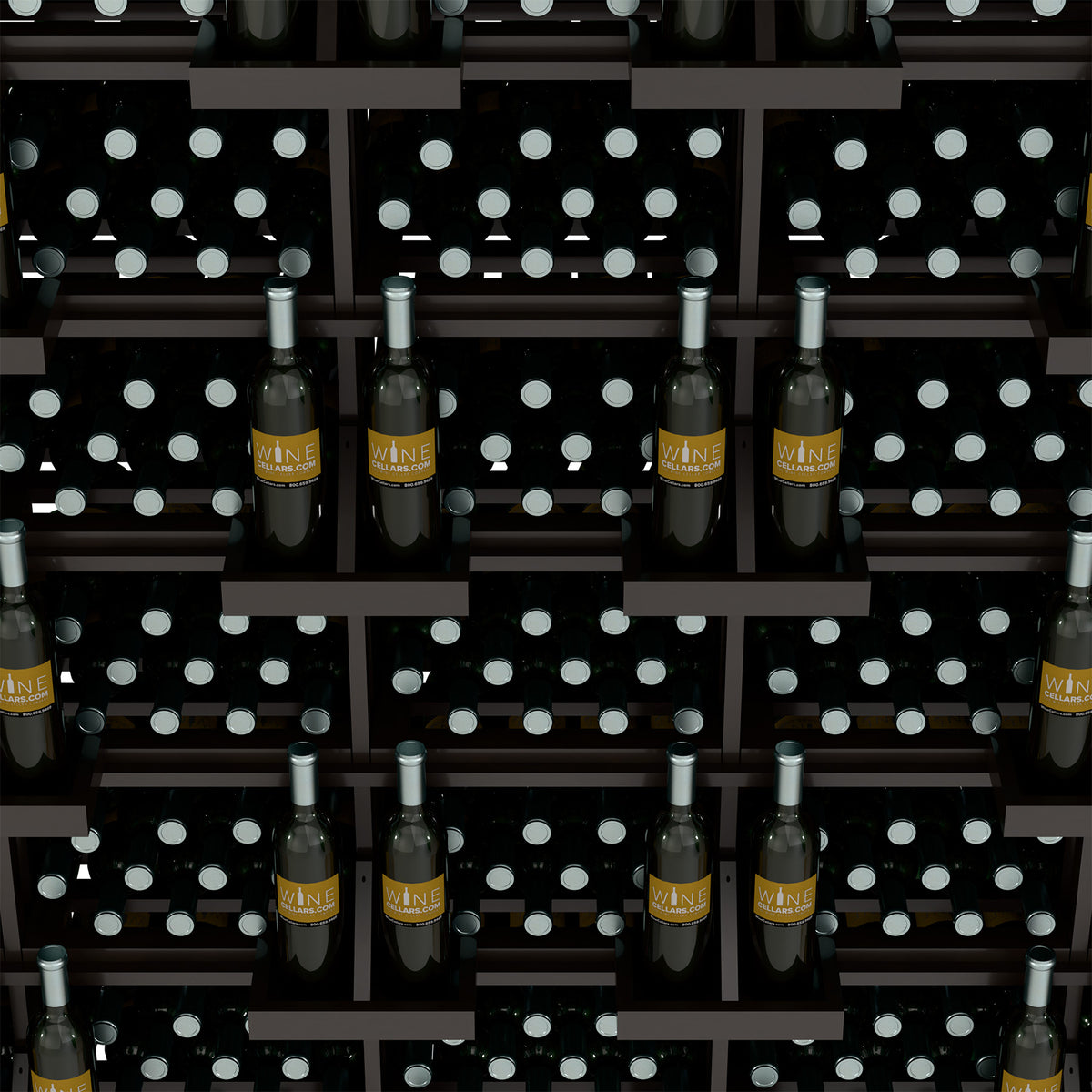 Close-up of wine bottle rows in dark wooden holders with circular bottle cutouts