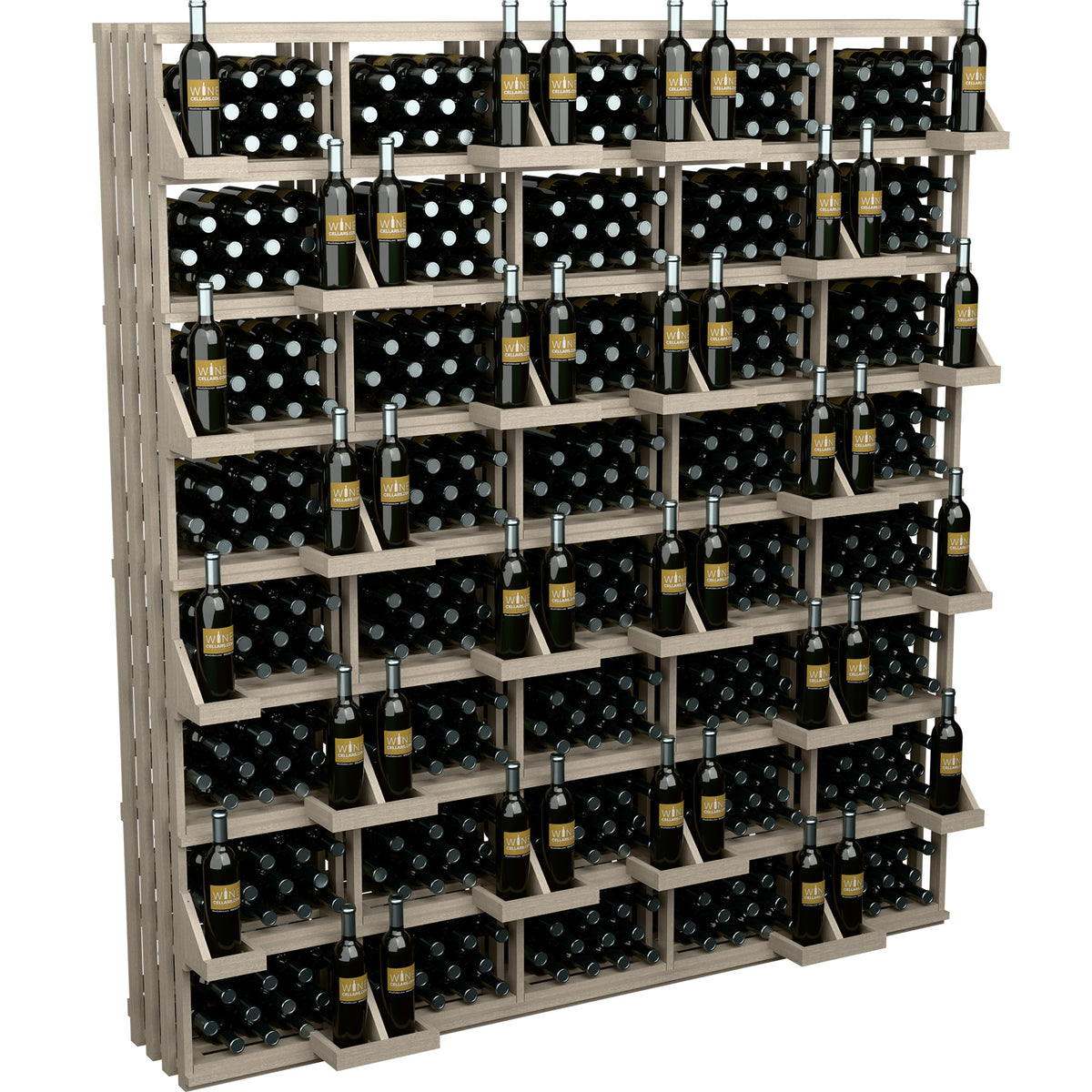 Commercial wine bottle wall display with gray frame, dark bins, and stacked bottles
