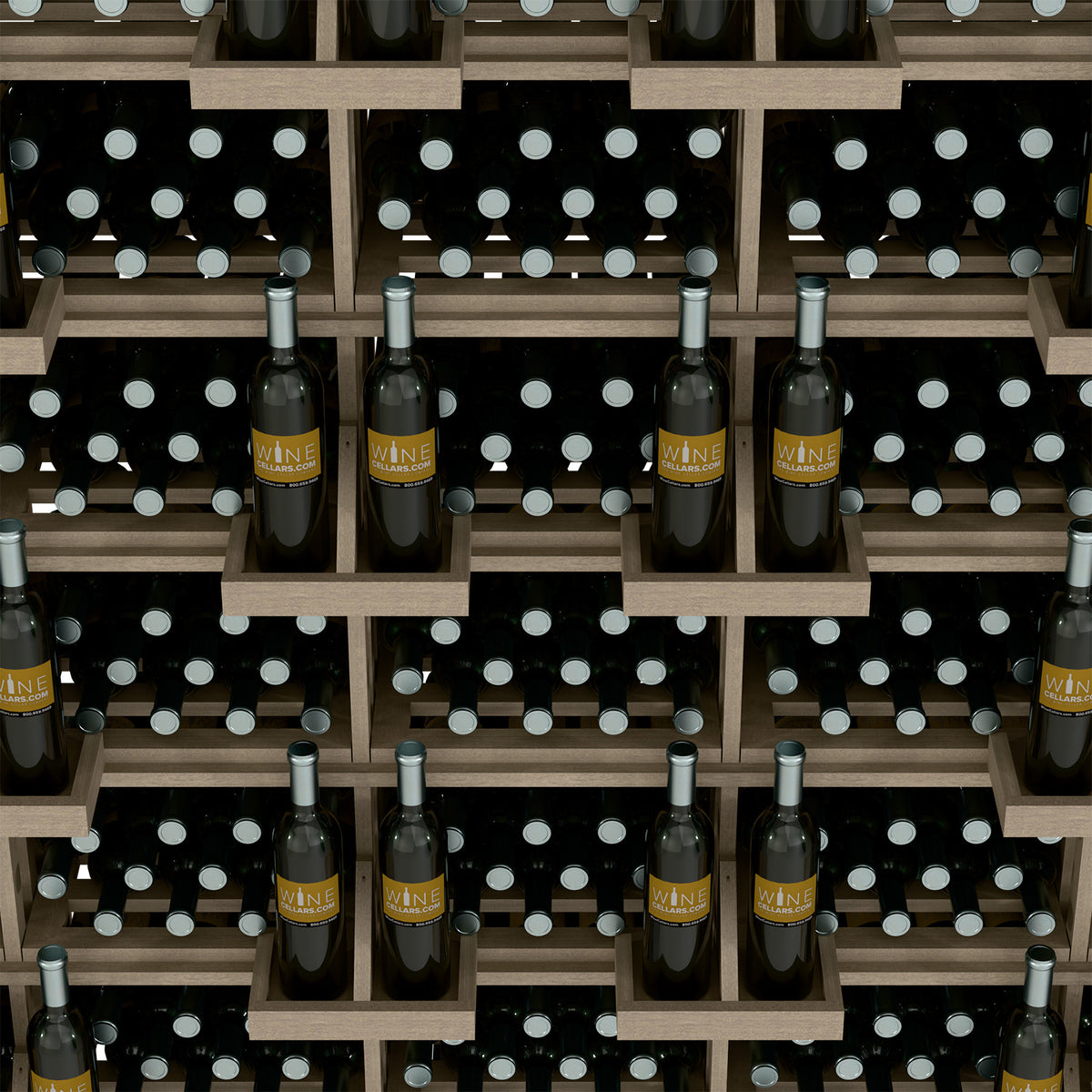 Wine bottle storage bins with light wood dividers and dark bottles in grid rows