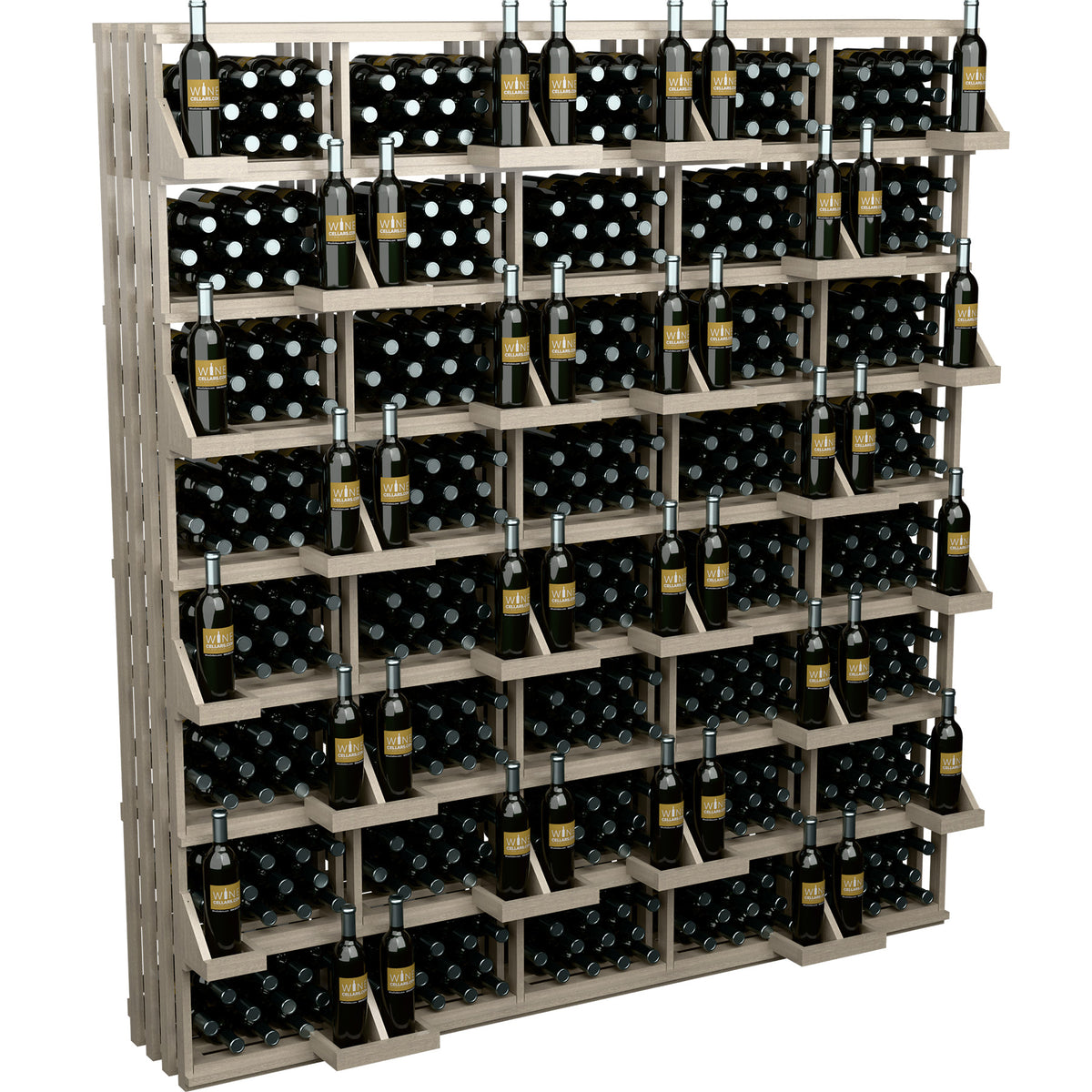 Wall-mounted wine bottle display with light wood racks and upright bottle rows