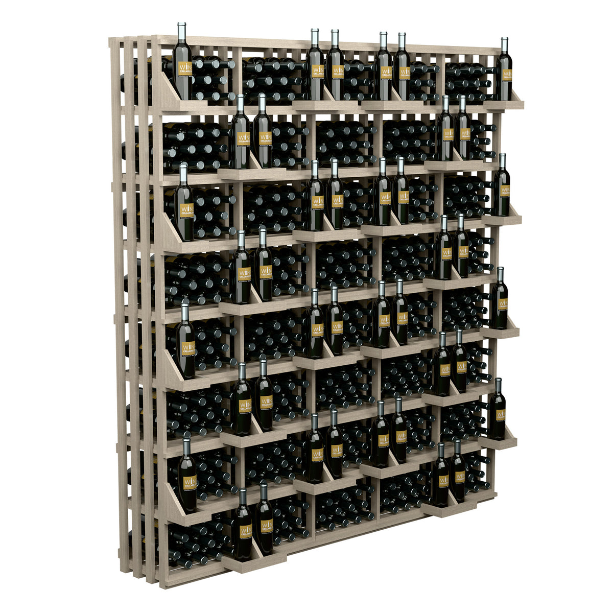 Wall wine bottle display with light wooden frame and multiple bottle storage shelves
