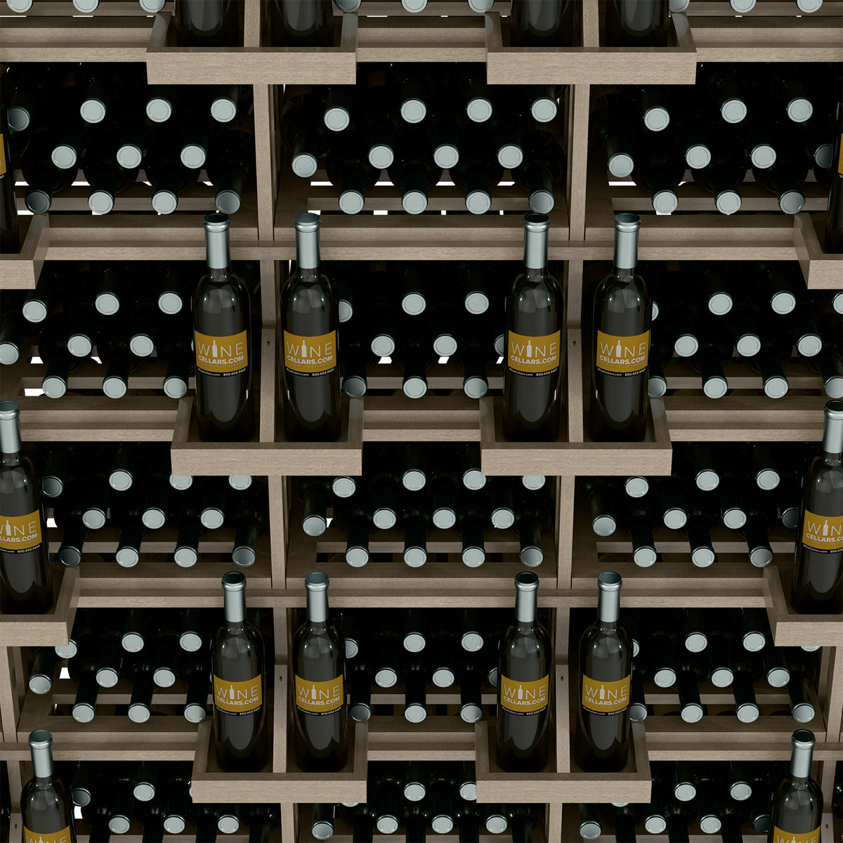 Close-up of wine bottle display with light wooden grid shelves and bottle bottles