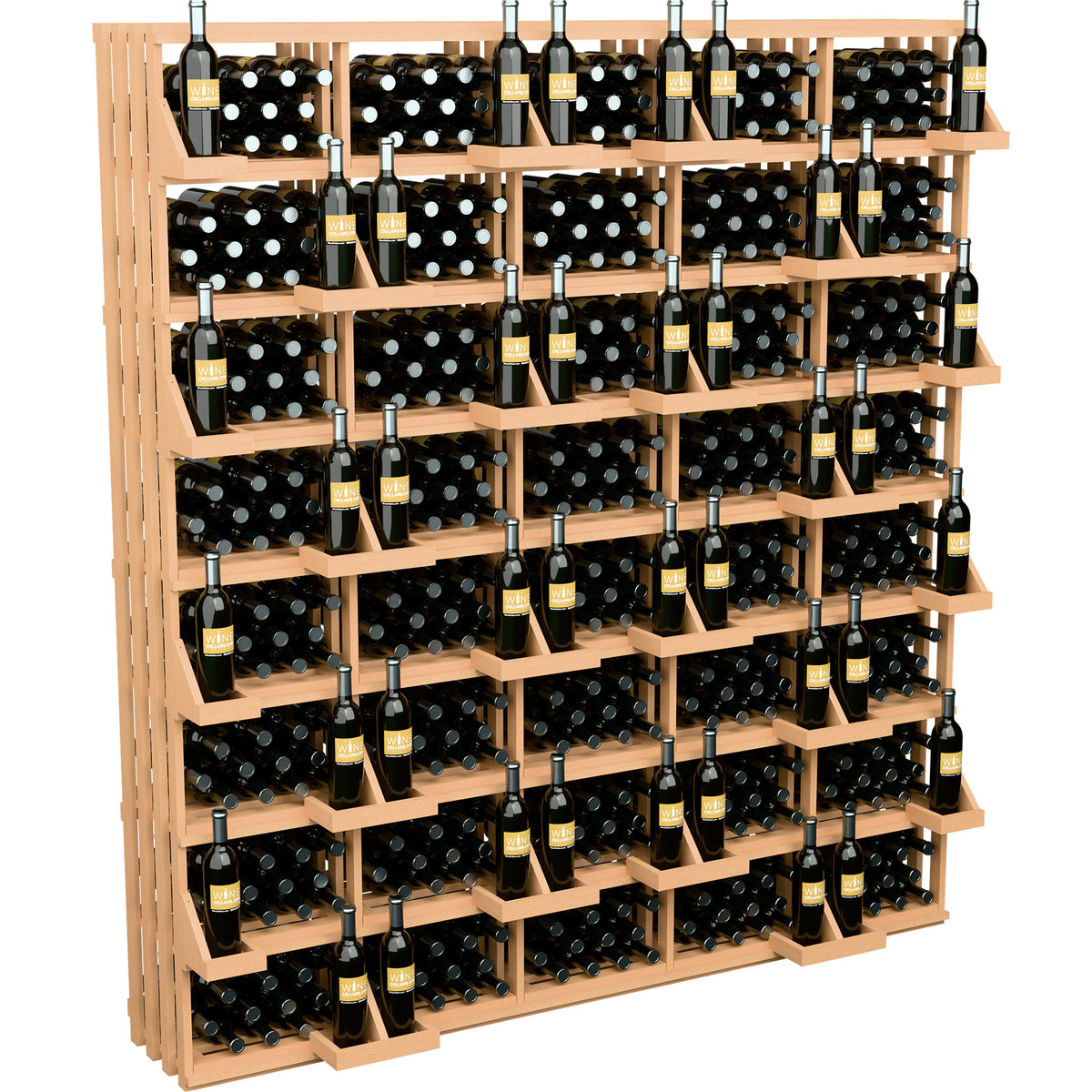 Wine bottle wall display with wood frame, multiple rows of bottle slots and black bins