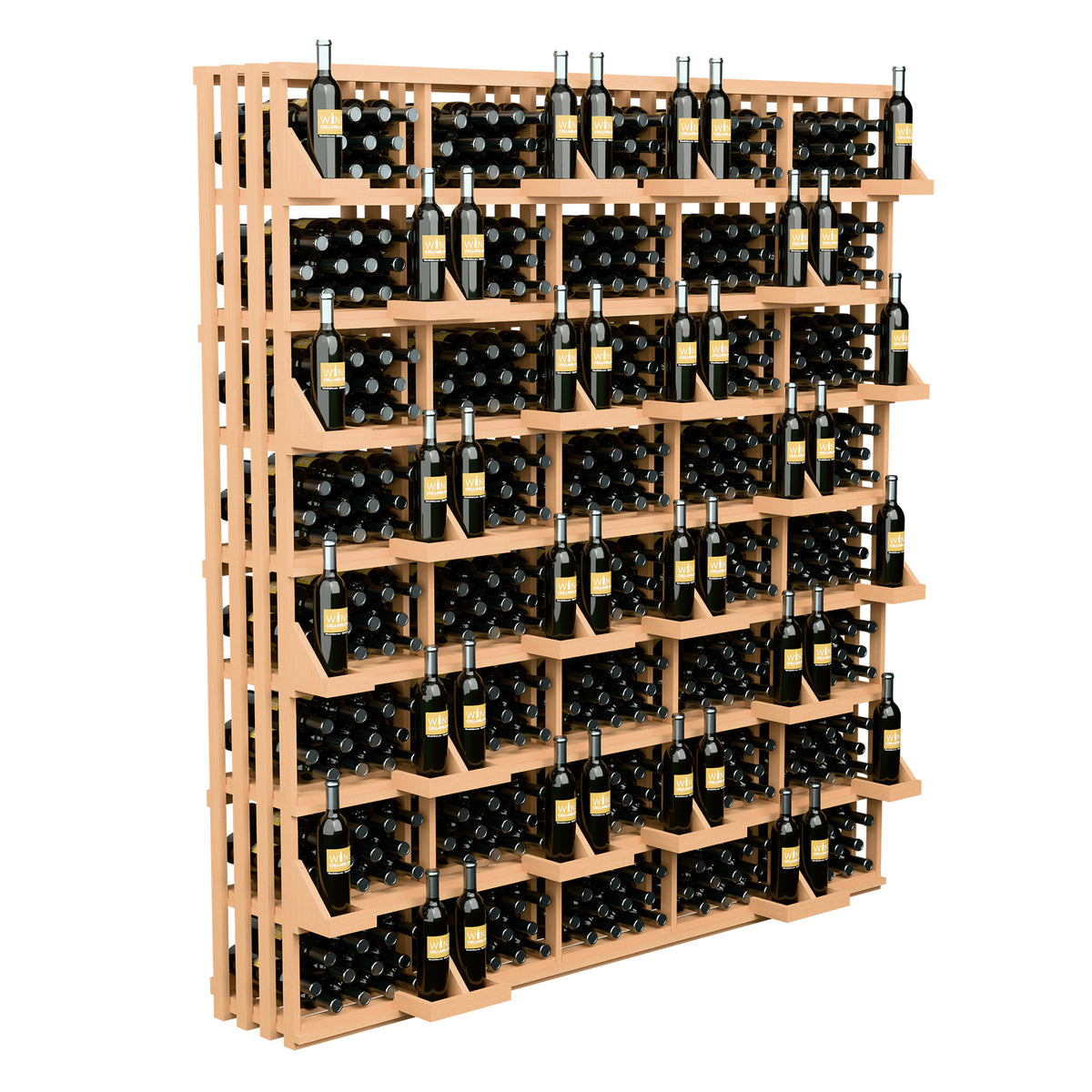Wine bottle wall display rack with light wood frame and stacked dark bottles