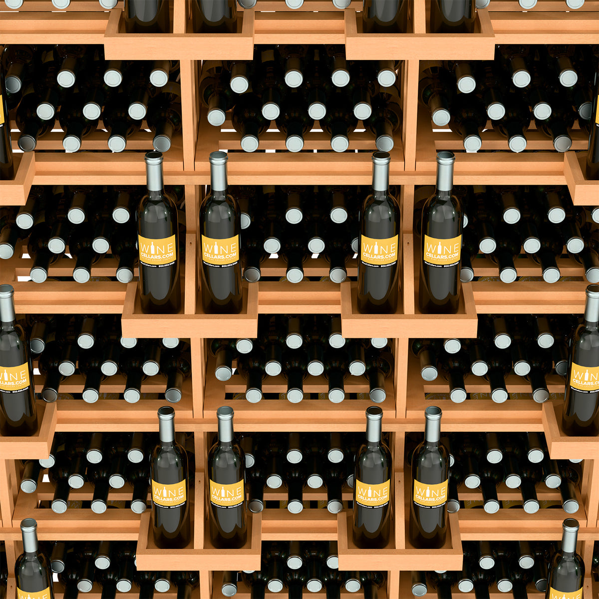 Wine bottle wall display close-up: bottles in wooden cubbies with black dot bulk bins