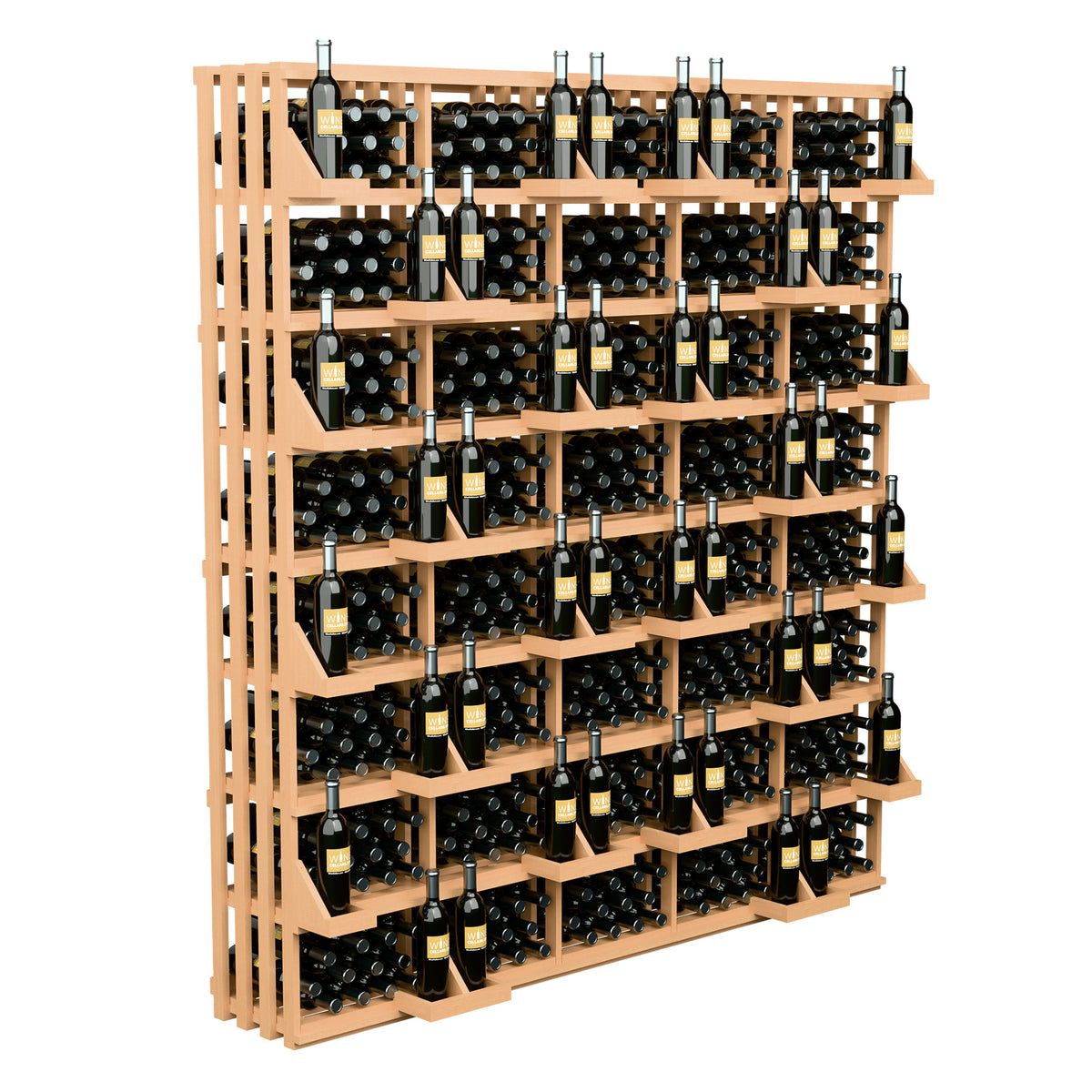 Wall wine bottle display with pale wooden shelves and tightly packed bottle slots