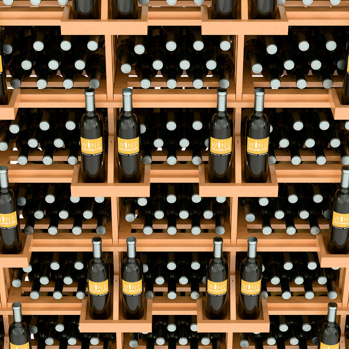 Tiered wooden wine bottle display with black dotted bulk bins and glass bottles
