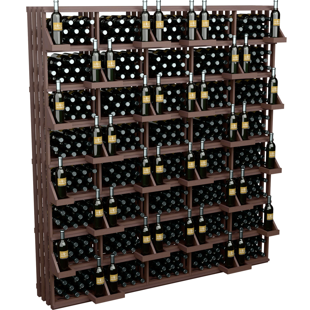Commercial wine bottle wall display with brown wood shelves and dark bulk bins