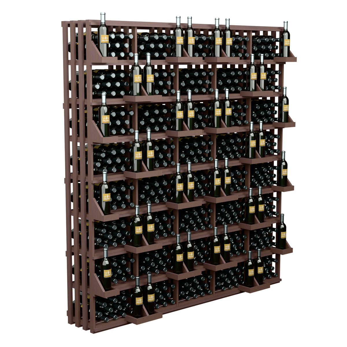 Brown wood wine bottle display rack with open grid shelves and standing bottles