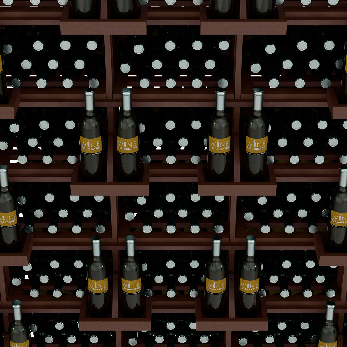 Wine bottle wall display rack with bulk bins, dark wood rows of bottle compartments.