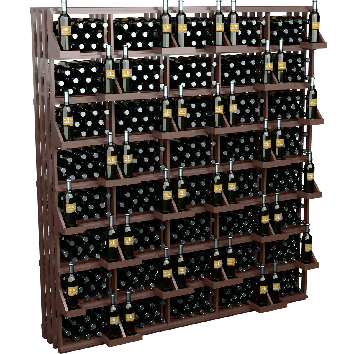 Large wooden wine rack with tiered shelves holding bottles in black dotted bins