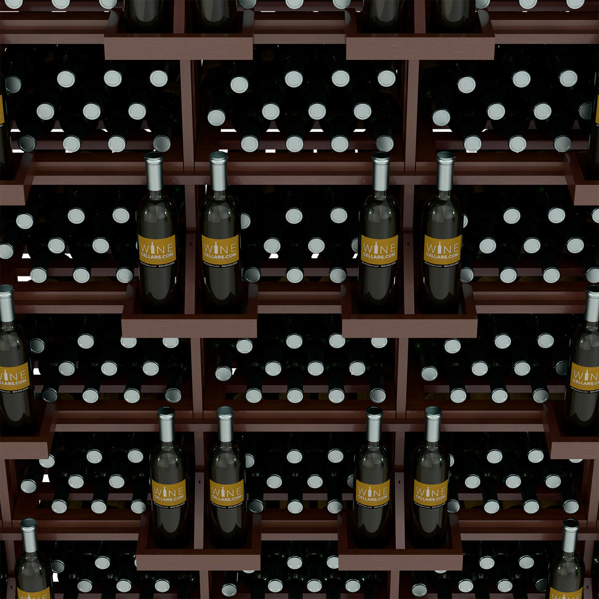 Close-up of wooden wine bottle slots with bottles in black dotted bulk bins