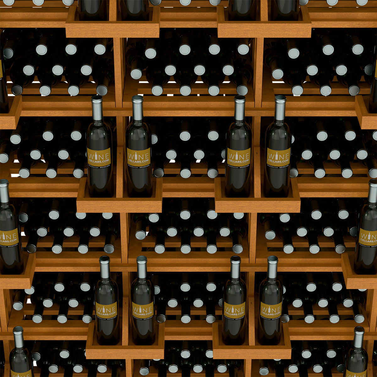 Wine bottle display with bulk bins, close view of light wood shelves with bottles